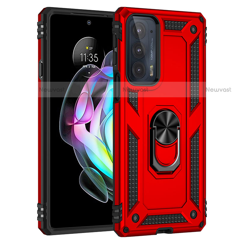 Silicone Matte Finish and Plastic Back Cover Case with Magnetic Finger Ring Stand S01 for Motorola Moto Edge Lite 5G Red