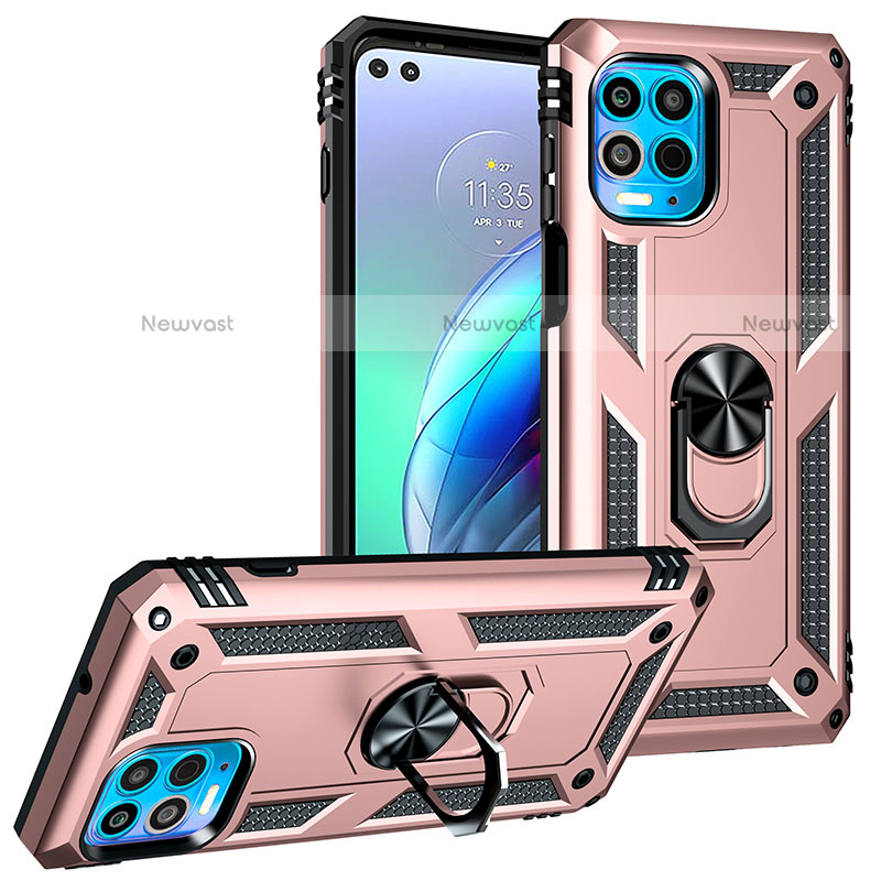 Silicone Matte Finish and Plastic Back Cover Case with Magnetic Finger Ring Stand S01 for Motorola Moto Edge S 5G Rose Gold