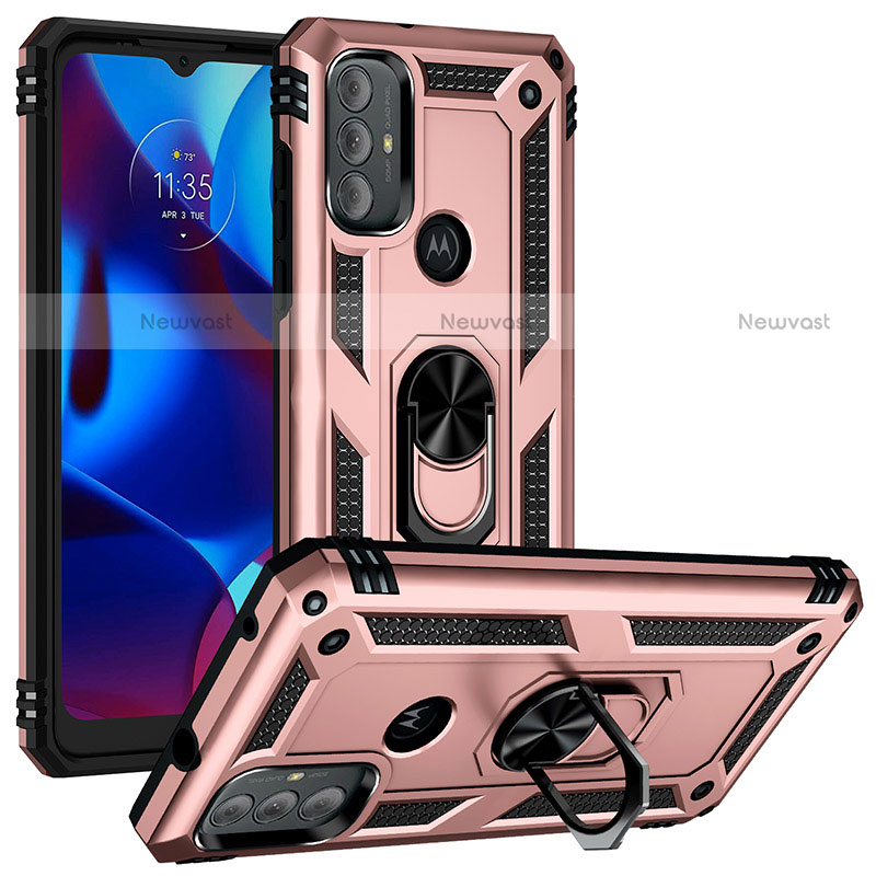 Silicone Matte Finish and Plastic Back Cover Case with Magnetic Finger Ring Stand S01 for Motorola Moto G Play (2023) Rose Gold