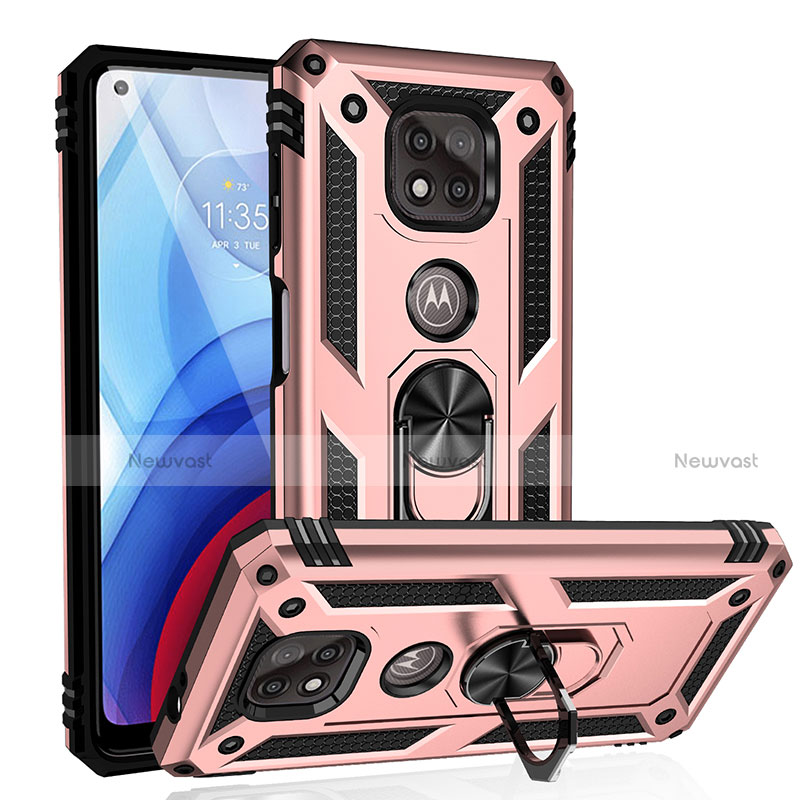 Silicone Matte Finish and Plastic Back Cover Case with Magnetic Finger Ring Stand S01 for Motorola Moto G Power (2021) Rose Gold