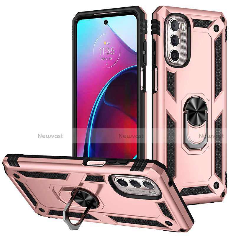 Silicone Matte Finish and Plastic Back Cover Case with Magnetic Finger Ring Stand S01 for Motorola Moto G Stylus (2022) 5G Rose Gold