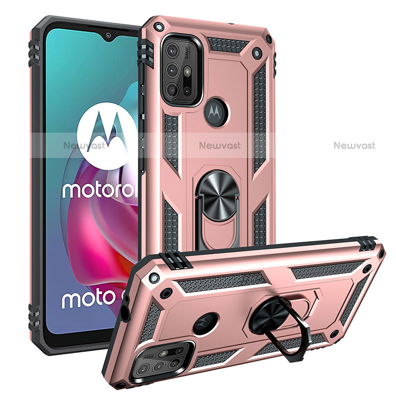 Silicone Matte Finish and Plastic Back Cover Case with Magnetic Finger Ring Stand S01 for Motorola Moto G10 Power Rose Gold