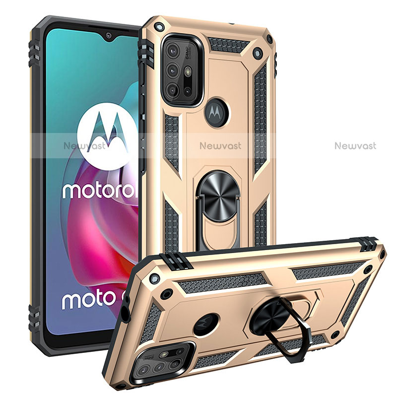 Silicone Matte Finish and Plastic Back Cover Case with Magnetic Finger Ring Stand S01 for Motorola Moto G20 Gold