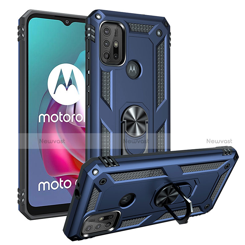 Silicone Matte Finish and Plastic Back Cover Case with Magnetic Finger Ring Stand S01 for Motorola Moto G30