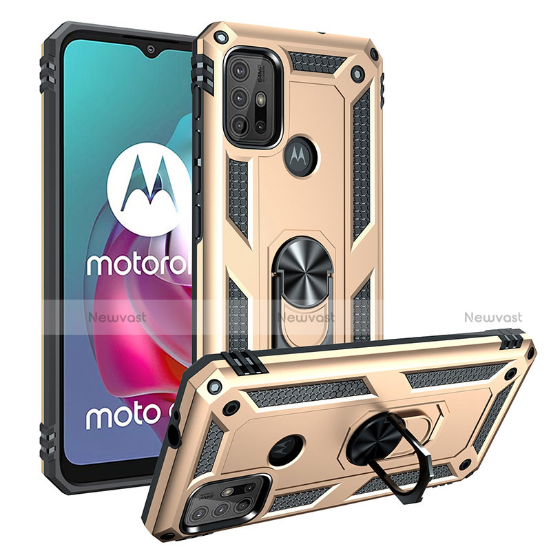 Silicone Matte Finish and Plastic Back Cover Case with Magnetic Finger Ring Stand S01 for Motorola Moto G30 Gold