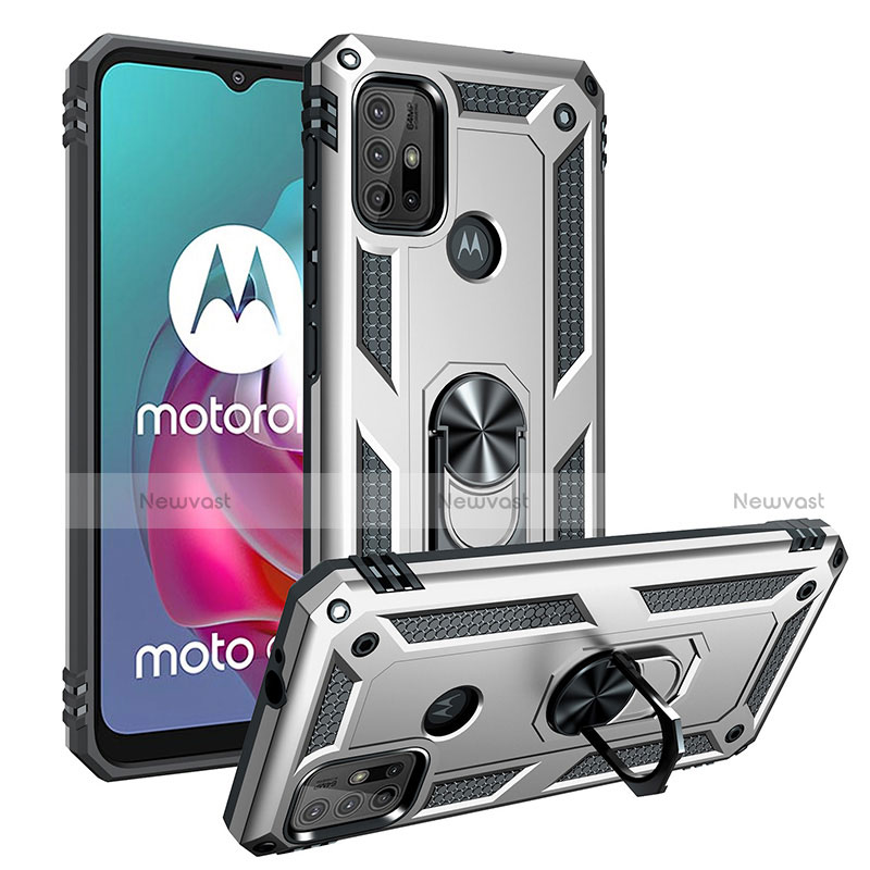 Silicone Matte Finish and Plastic Back Cover Case with Magnetic Finger Ring Stand S01 for Motorola Moto G30 Silver