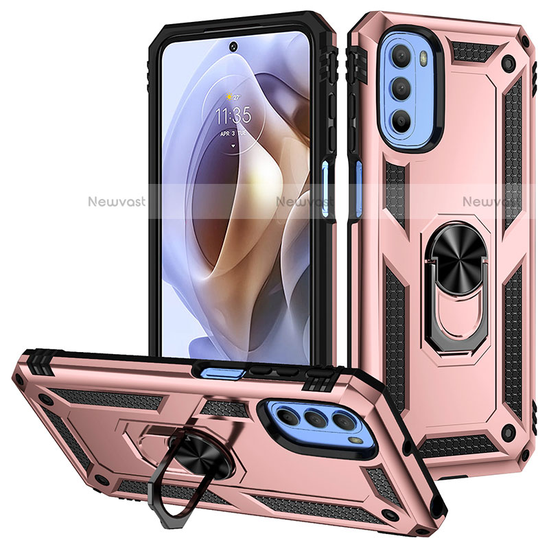 Silicone Matte Finish and Plastic Back Cover Case with Magnetic Finger Ring Stand S01 for Motorola Moto G31 Rose Gold