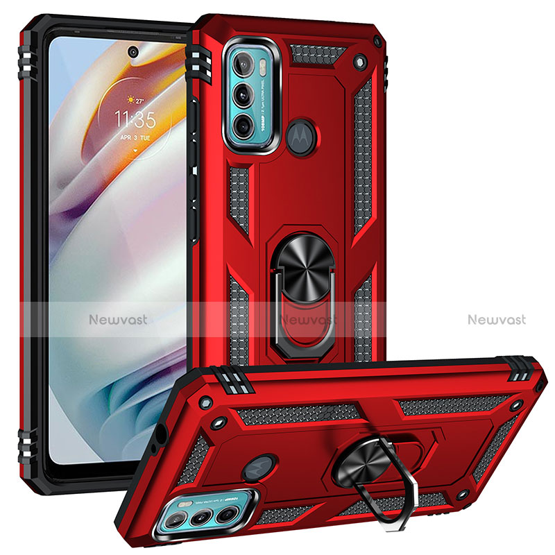 Silicone Matte Finish and Plastic Back Cover Case with Magnetic Finger Ring Stand S01 for Motorola Moto G40 Fusion Red