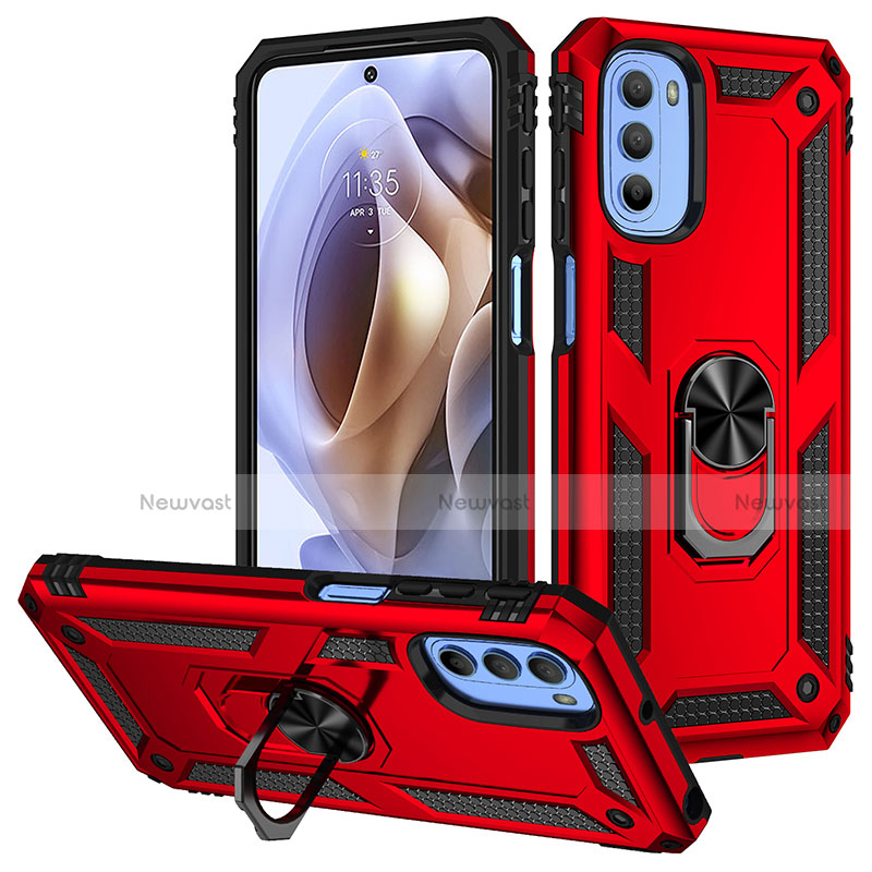 Silicone Matte Finish and Plastic Back Cover Case with Magnetic Finger Ring Stand S01 for Motorola Moto G41 Red