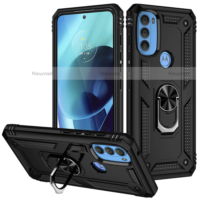 Silicone Matte Finish and Plastic Back Cover Case with Magnetic Finger Ring Stand S01 for Motorola Moto G71 5G Black