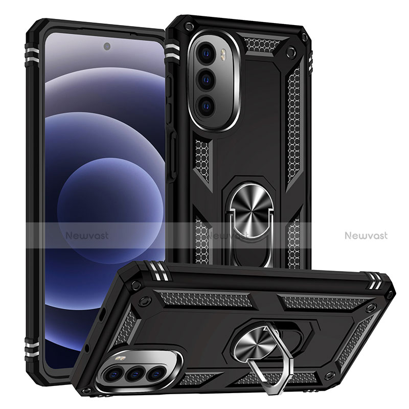 Silicone Matte Finish and Plastic Back Cover Case with Magnetic Finger Ring Stand S01 for Motorola Moto G71s 5G