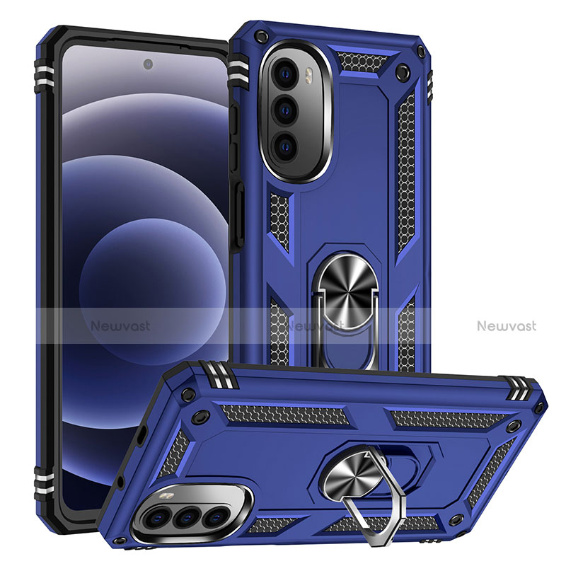 Silicone Matte Finish and Plastic Back Cover Case with Magnetic Finger Ring Stand S01 for Motorola Moto G71s 5G Blue