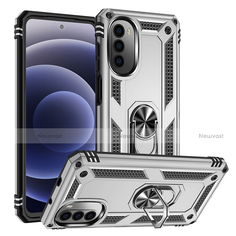 Silicone Matte Finish and Plastic Back Cover Case with Magnetic Finger Ring Stand S01 for Motorola Moto G71s 5G Silver