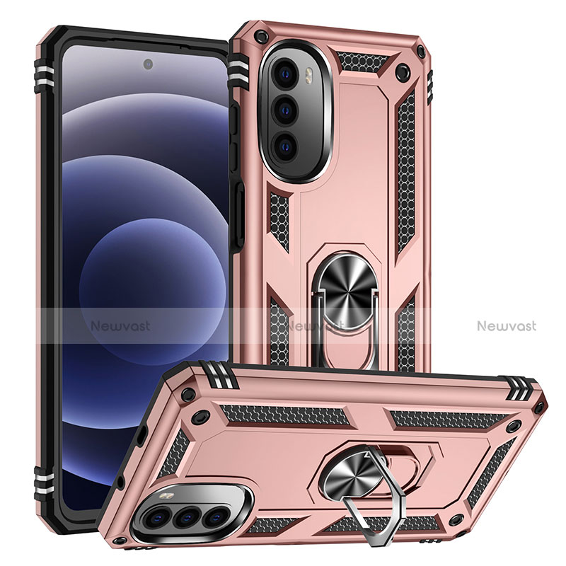 Silicone Matte Finish and Plastic Back Cover Case with Magnetic Finger Ring Stand S01 for Motorola Moto G82 5G Rose Gold