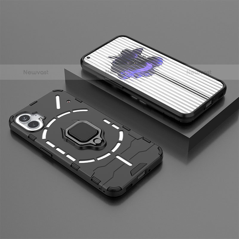 Silicone Matte Finish and Plastic Back Cover Case with Magnetic Finger Ring Stand S01 for Nothing Phone 1 Black