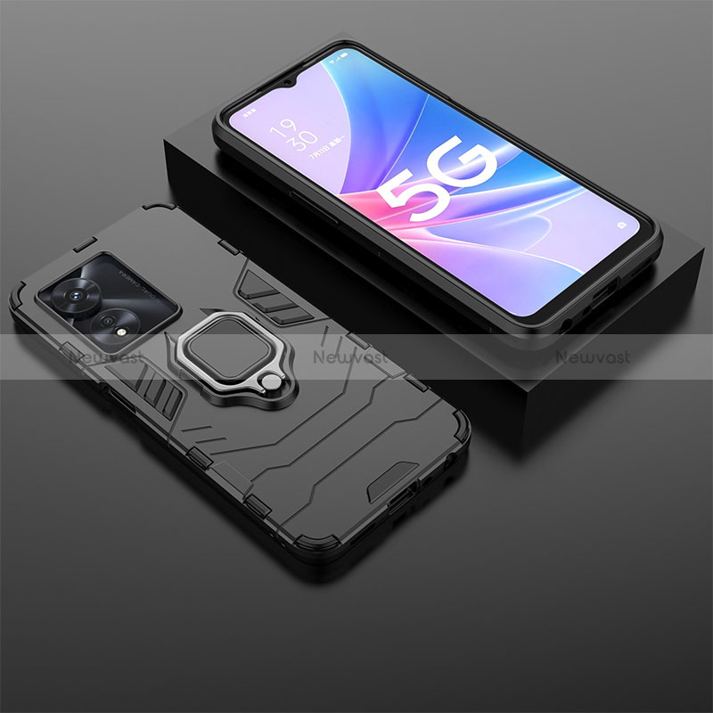 Silicone Matte Finish and Plastic Back Cover Case with Magnetic Finger Ring Stand S01 for Oppo A1x 5G Black
