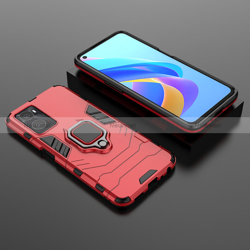 Silicone Matte Finish and Plastic Back Cover Case with Magnetic Finger Ring Stand S01 for Oppo A76 Red