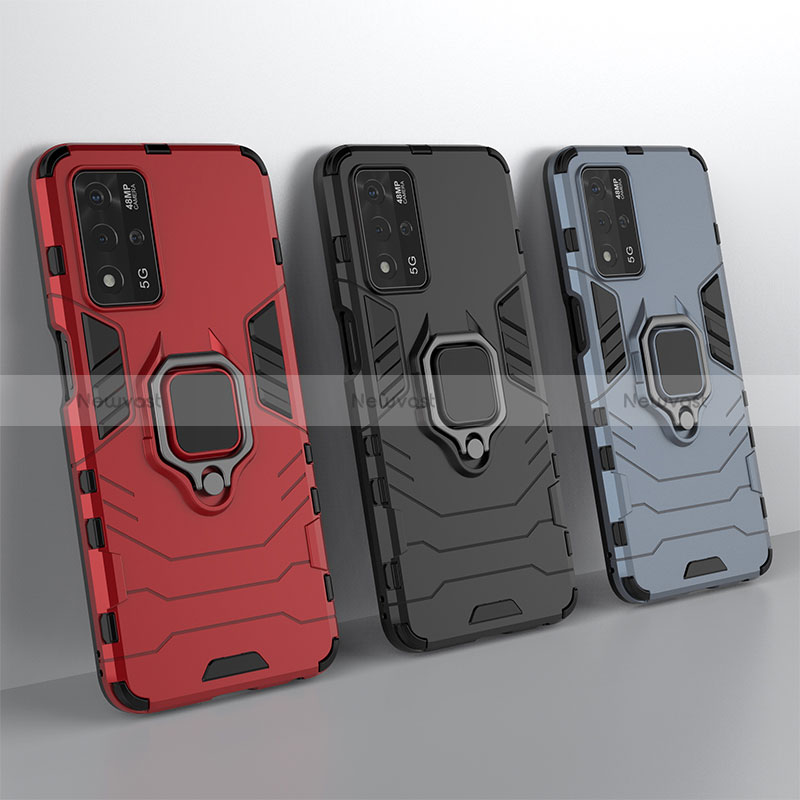 Silicone Matte Finish and Plastic Back Cover Case with Magnetic Finger Ring Stand S01 for Oppo A93s 5G