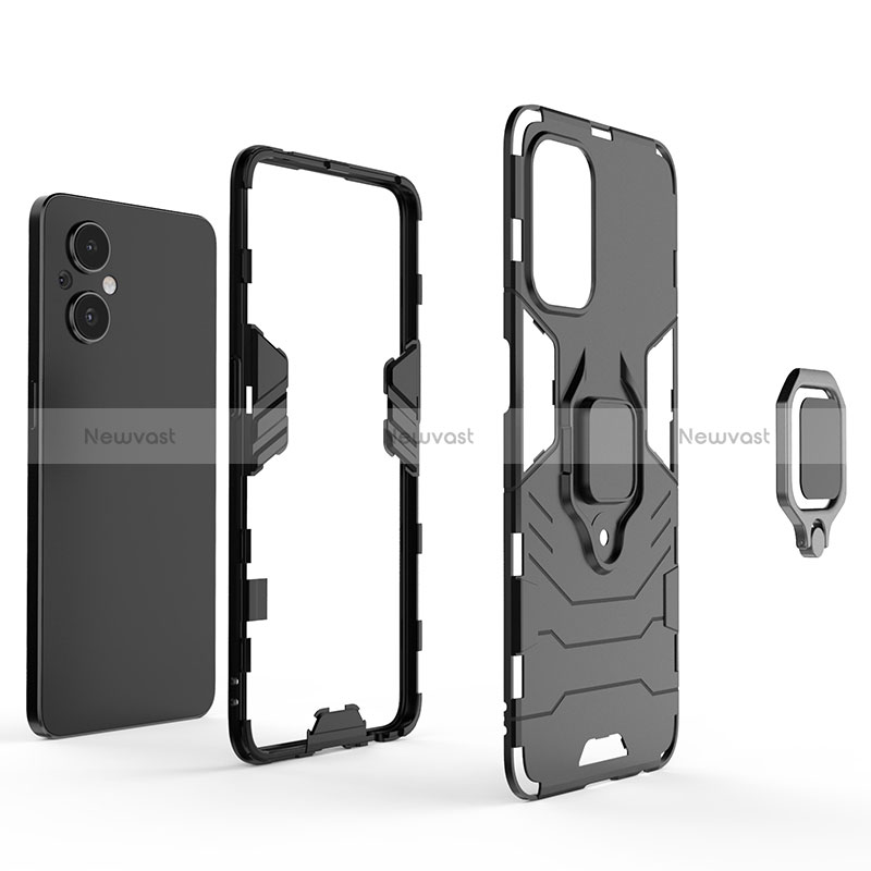 Silicone Matte Finish and Plastic Back Cover Case with Magnetic Finger Ring Stand S01 for Oppo A96 5G