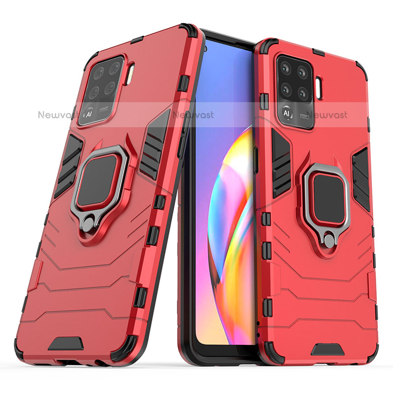 Silicone Matte Finish and Plastic Back Cover Case with Magnetic Finger Ring Stand S01 for Oppo F19 Pro Red