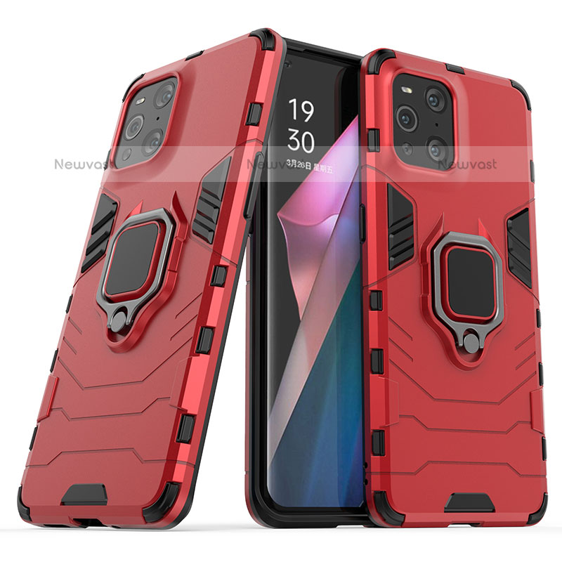 Silicone Matte Finish and Plastic Back Cover Case with Magnetic Finger Ring Stand S01 for Oppo Find X3 Pro 5G Red