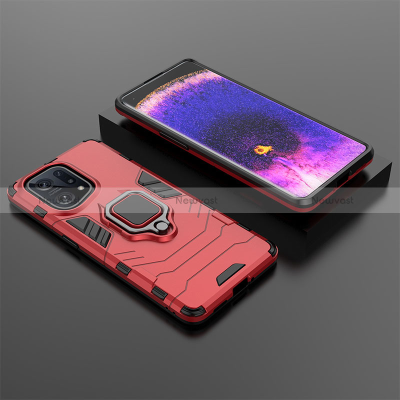 Silicone Matte Finish and Plastic Back Cover Case with Magnetic Finger Ring Stand S01 for Oppo Find X5 5G Red