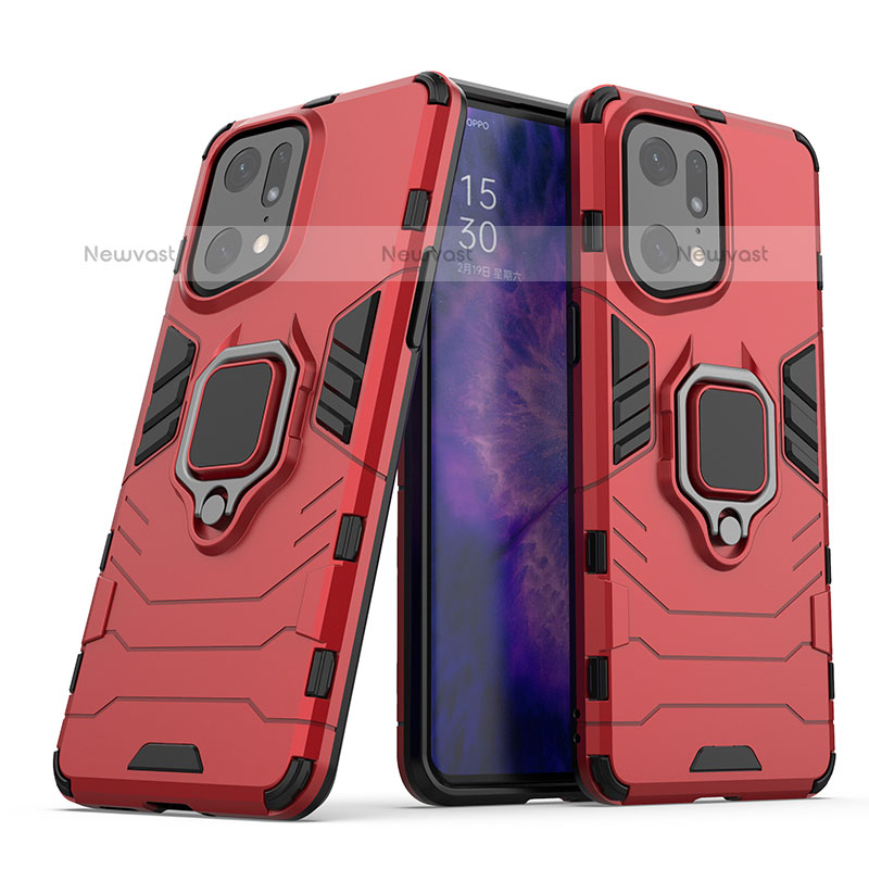 Silicone Matte Finish and Plastic Back Cover Case with Magnetic Finger Ring Stand S01 for Oppo Find X5 Pro 5G Red