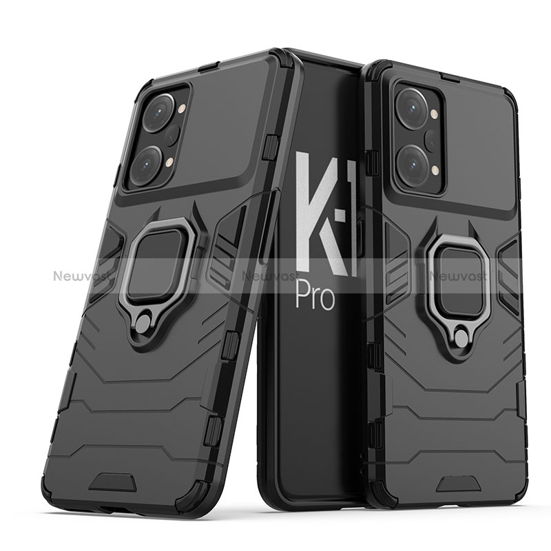 Silicone Matte Finish and Plastic Back Cover Case with Magnetic Finger Ring Stand S01 for Oppo K10 Pro 5G Black