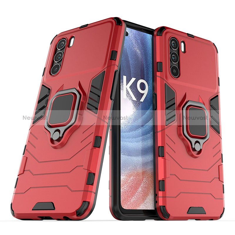 Silicone Matte Finish and Plastic Back Cover Case with Magnetic Finger Ring Stand S01 for Oppo K9 Pro 5G Red