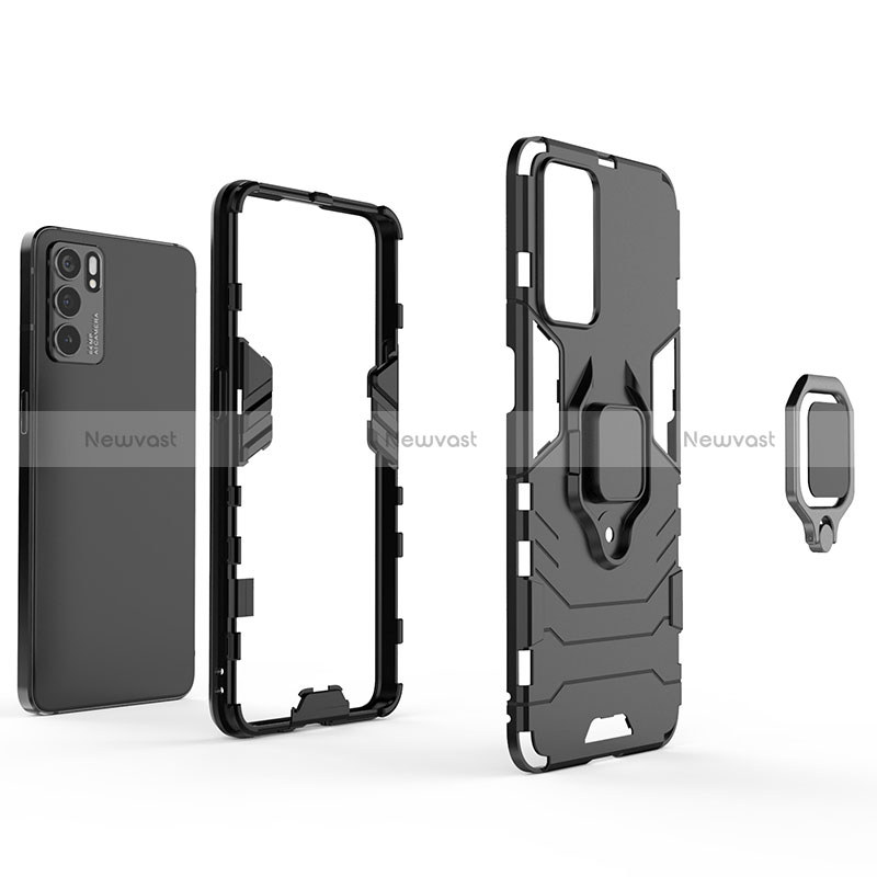 Silicone Matte Finish and Plastic Back Cover Case with Magnetic Finger Ring Stand S01 for Oppo Reno6 5G