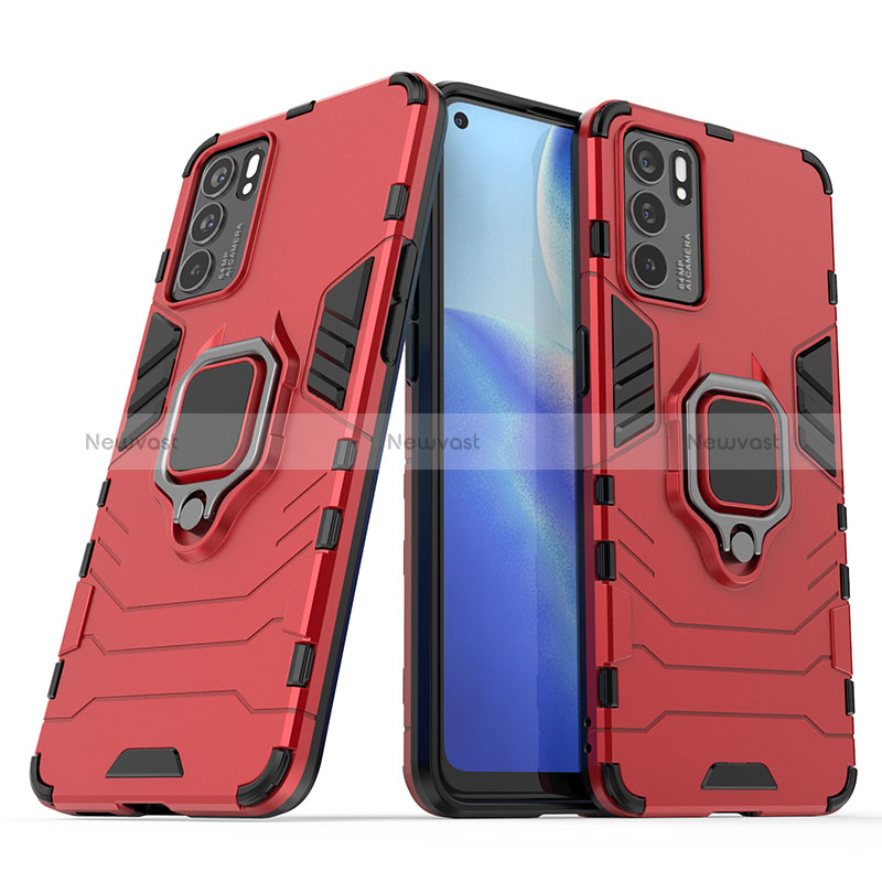 Silicone Matte Finish and Plastic Back Cover Case with Magnetic Finger Ring Stand S01 for Oppo Reno6 5G Red