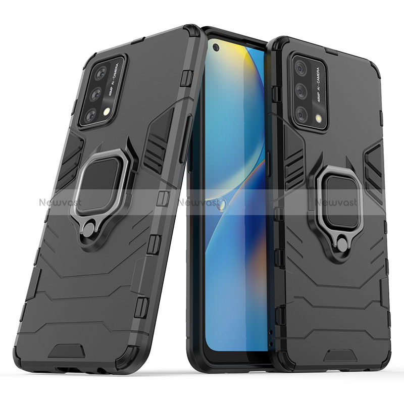 Silicone Matte Finish and Plastic Back Cover Case with Magnetic Finger Ring Stand S01 for Oppo Reno6 Lite Black