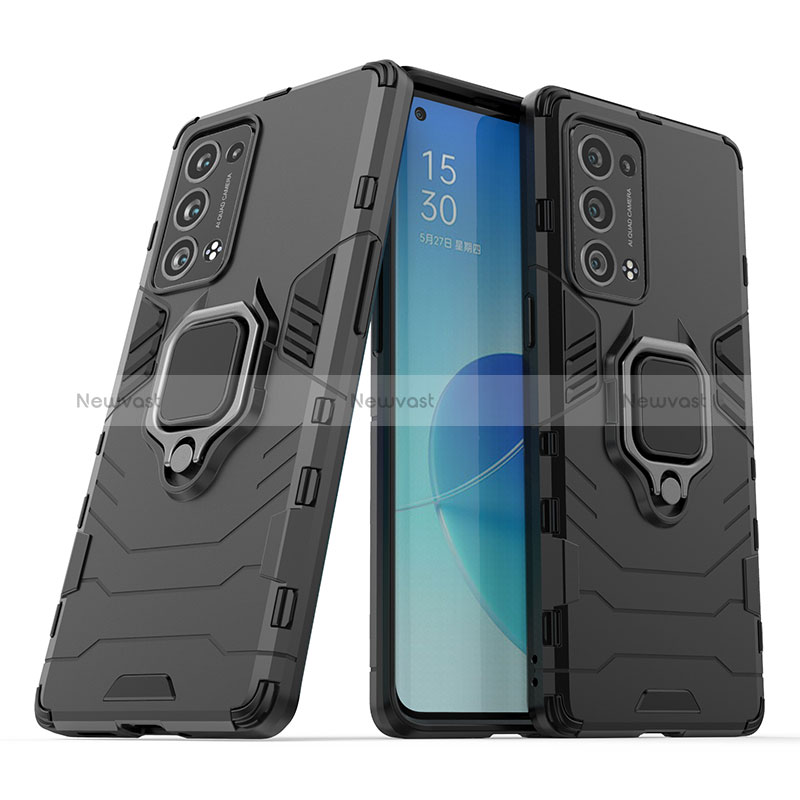 Silicone Matte Finish and Plastic Back Cover Case with Magnetic Finger Ring Stand S01 for Oppo Reno6 Pro+ Plus 5G