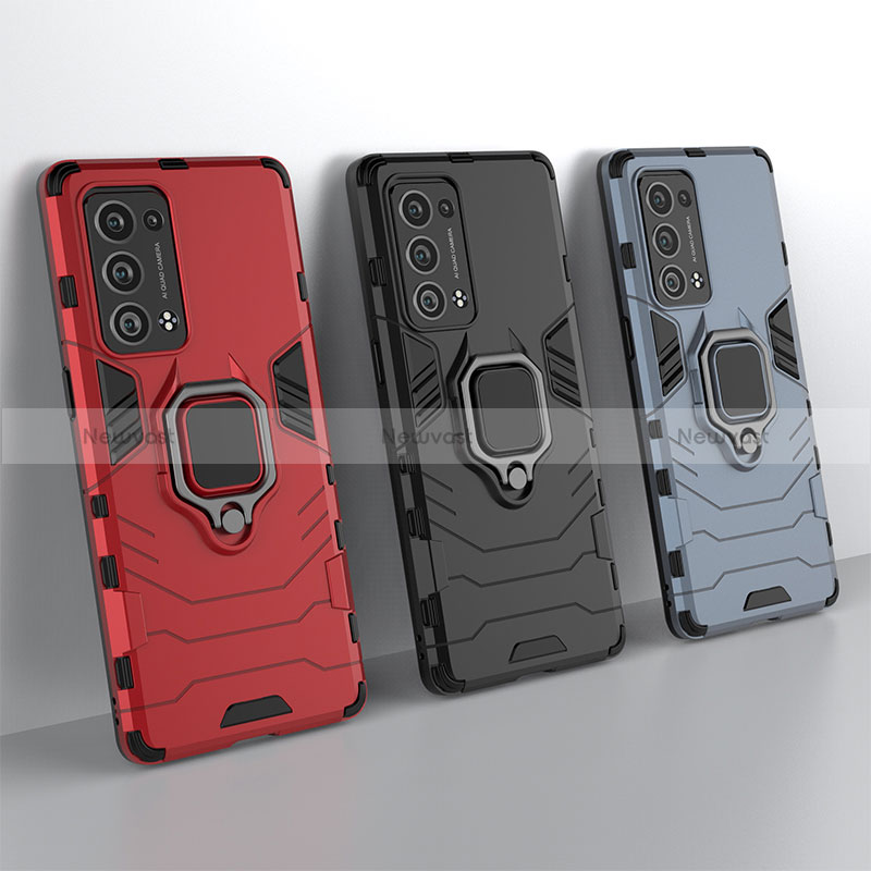 Silicone Matte Finish and Plastic Back Cover Case with Magnetic Finger Ring Stand S01 for Oppo Reno6 Pro+ Plus 5G