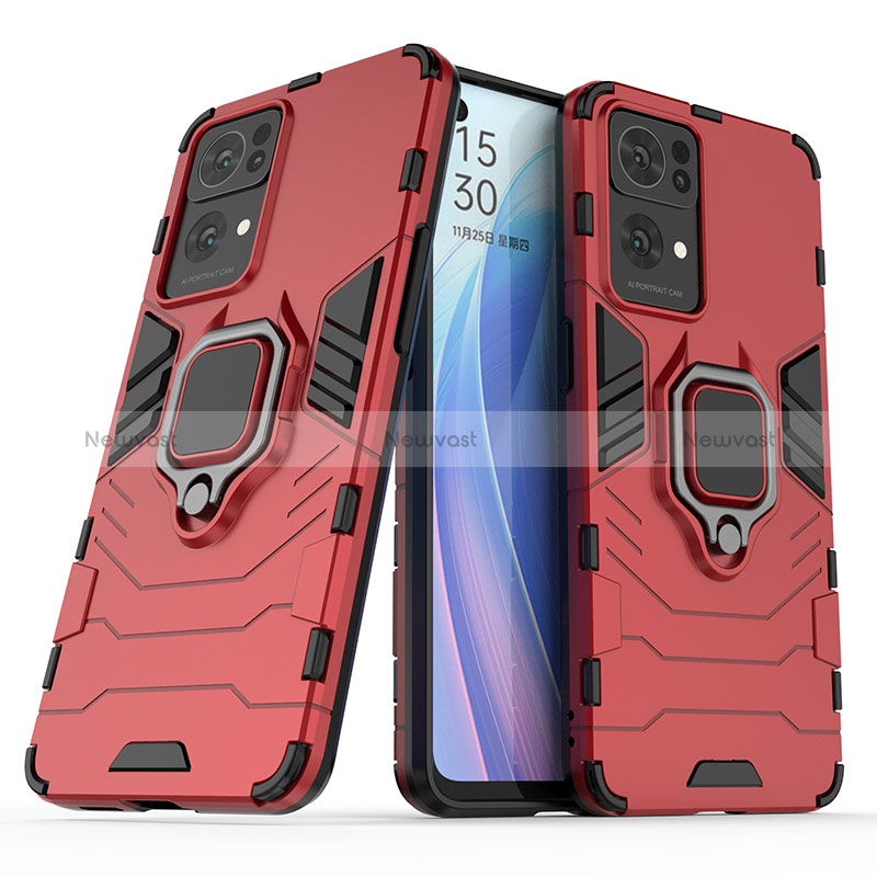 Silicone Matte Finish and Plastic Back Cover Case with Magnetic Finger Ring Stand S01 for Oppo Reno7 Pro 5G Red
