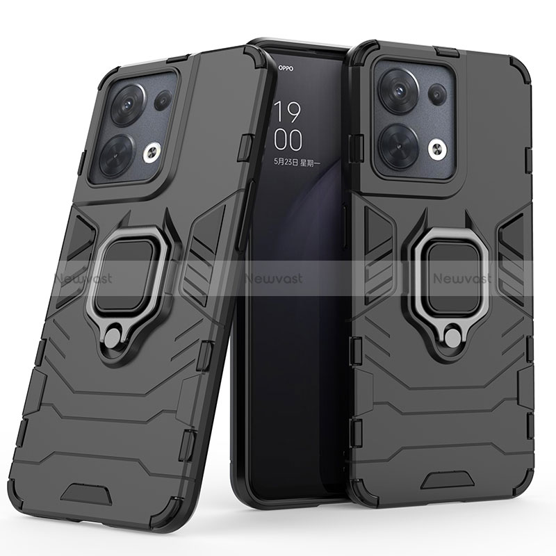 Silicone Matte Finish and Plastic Back Cover Case with Magnetic Finger Ring Stand S01 for Oppo Reno9 5G Black