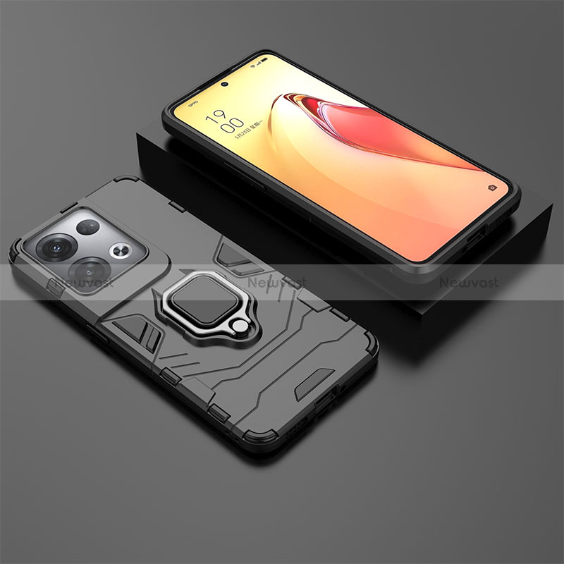 Silicone Matte Finish and Plastic Back Cover Case with Magnetic Finger Ring Stand S01 for Oppo Reno9 Pro+ Plus 5G Black