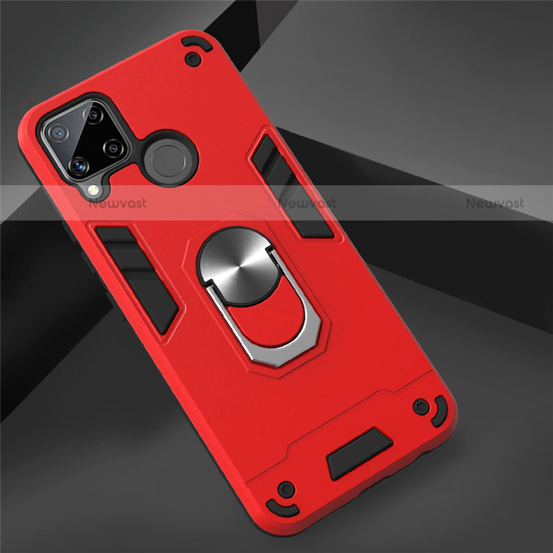 Silicone Matte Finish and Plastic Back Cover Case with Magnetic Finger Ring Stand S01 for Realme C15