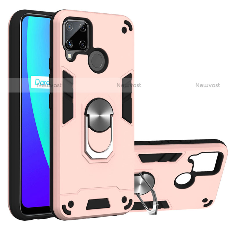 Silicone Matte Finish and Plastic Back Cover Case with Magnetic Finger Ring Stand S01 for Realme C15 Pink