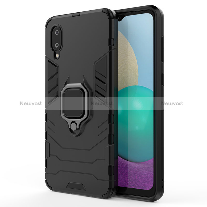 Silicone Matte Finish and Plastic Back Cover Case with Magnetic Finger Ring Stand S01 for Samsung Galaxy A02 Black