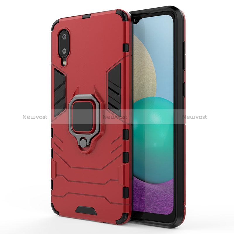 Silicone Matte Finish and Plastic Back Cover Case with Magnetic Finger Ring Stand S01 for Samsung Galaxy A02 Red