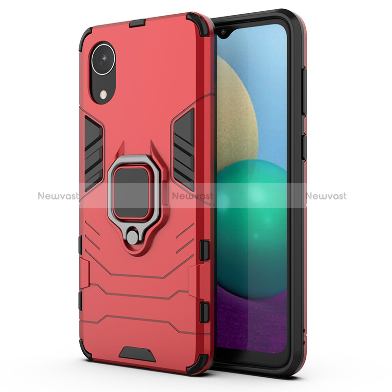 Silicone Matte Finish and Plastic Back Cover Case with Magnetic Finger Ring Stand S01 for Samsung Galaxy A03 Core Red