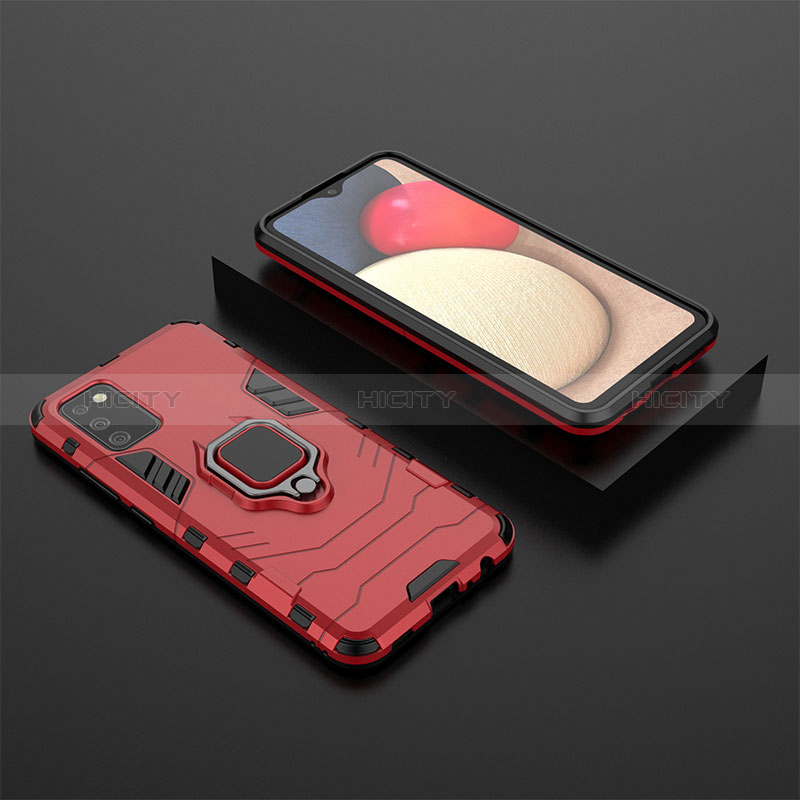 Silicone Matte Finish and Plastic Back Cover Case with Magnetic Finger Ring Stand S01 for Samsung Galaxy A03s Red