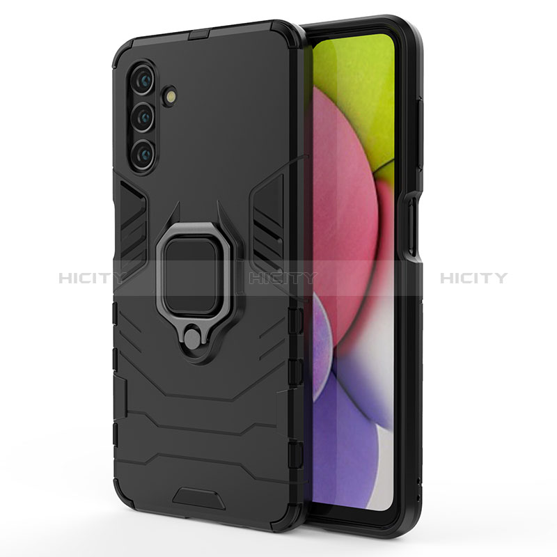 Silicone Matte Finish and Plastic Back Cover Case with Magnetic Finger Ring Stand S01 for Samsung Galaxy A04s Black