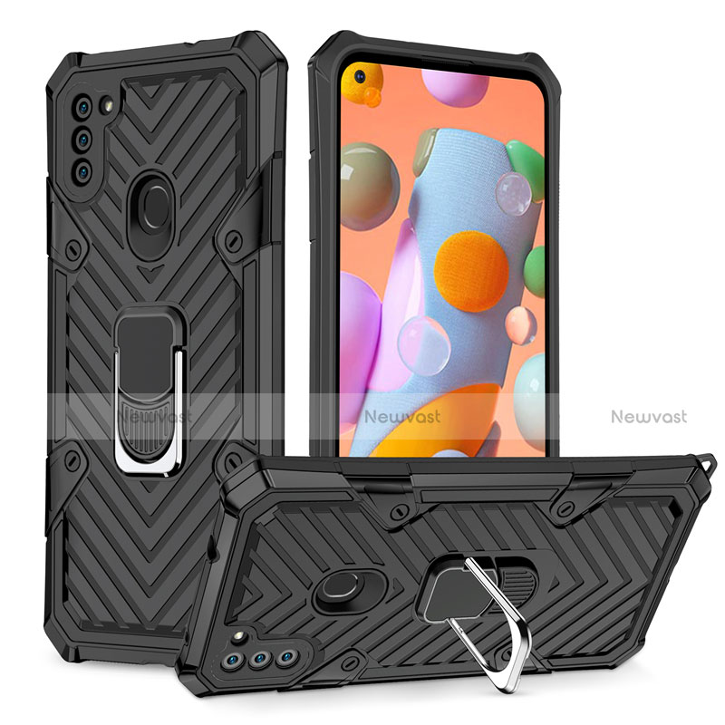 Silicone Matte Finish and Plastic Back Cover Case with Magnetic Finger Ring Stand S01 for Samsung Galaxy A11