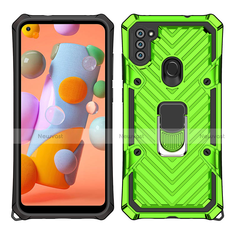 Silicone Matte Finish and Plastic Back Cover Case with Magnetic Finger Ring Stand S01 for Samsung Galaxy A11 Matcha Green