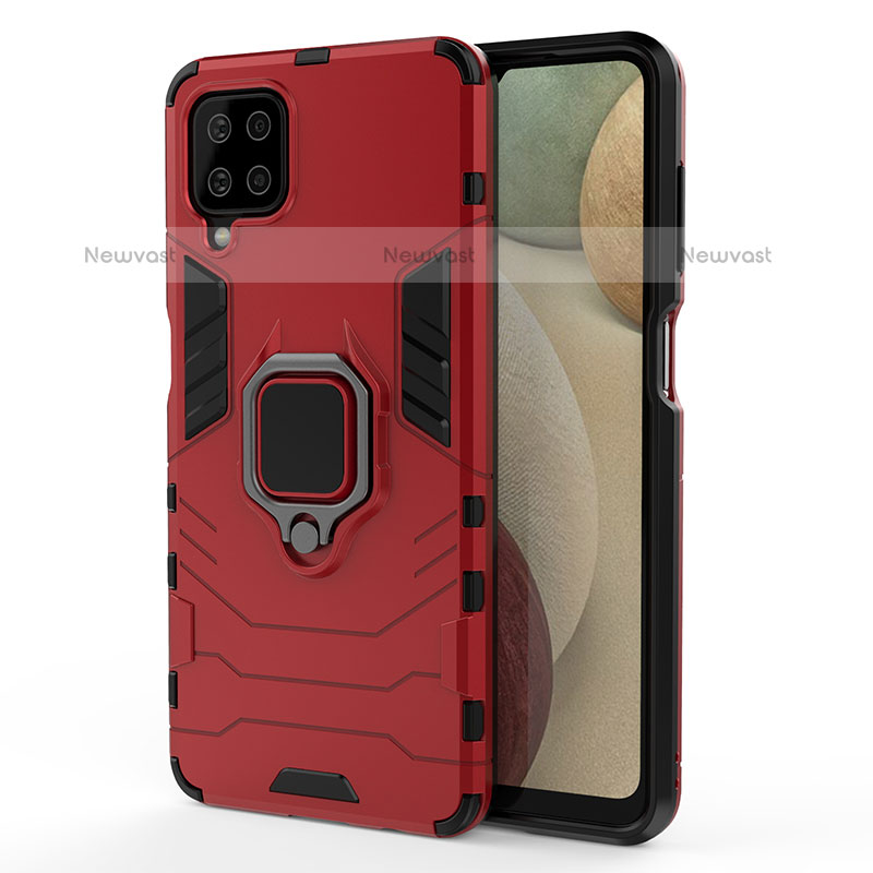 Silicone Matte Finish and Plastic Back Cover Case with Magnetic Finger Ring Stand S01 for Samsung Galaxy A12 Red