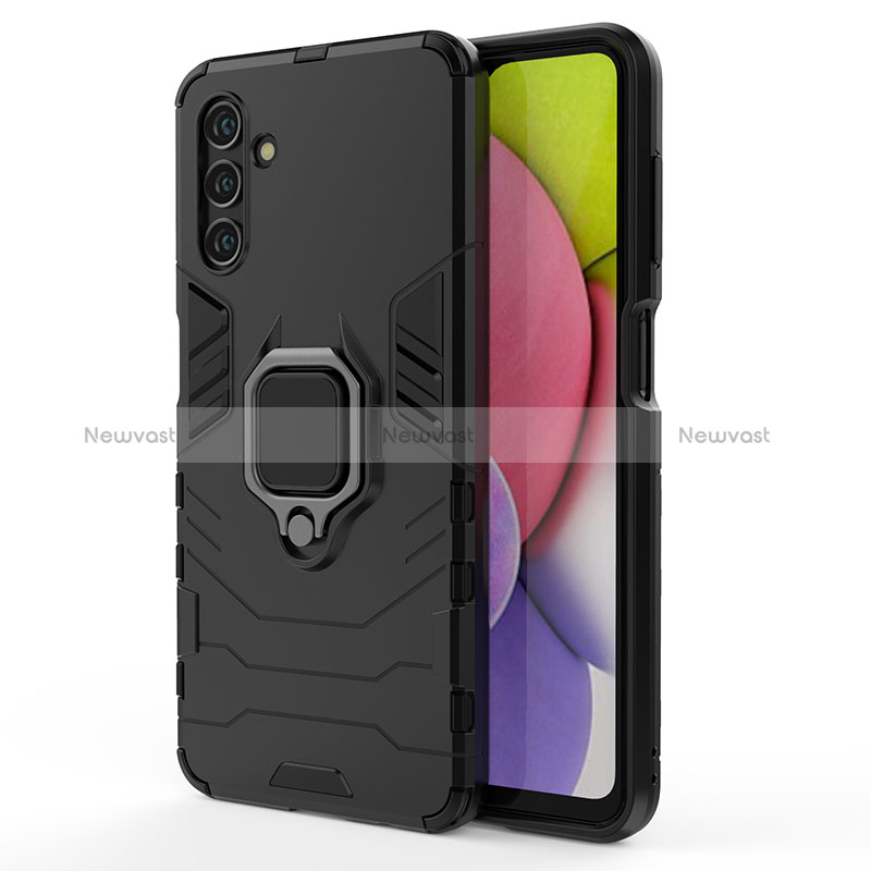 Silicone Matte Finish and Plastic Back Cover Case with Magnetic Finger Ring Stand S01 for Samsung Galaxy A13 5G Black