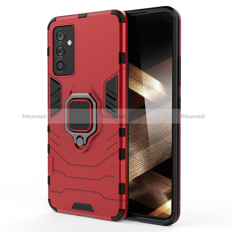 Silicone Matte Finish and Plastic Back Cover Case with Magnetic Finger Ring Stand S01 for Samsung Galaxy A15 4G Red