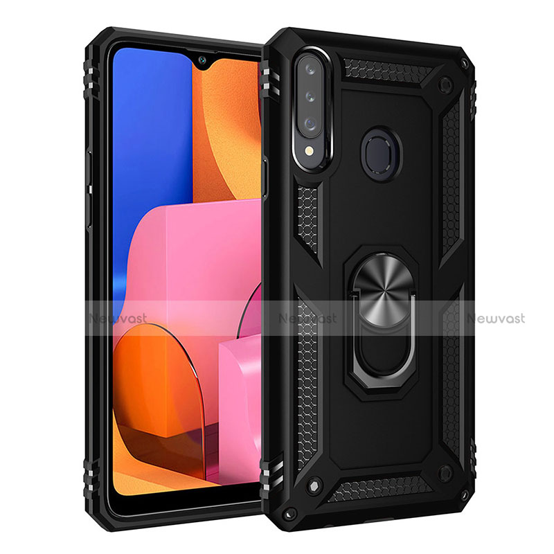 Silicone Matte Finish and Plastic Back Cover Case with Magnetic Finger Ring Stand S01 for Samsung Galaxy A20s